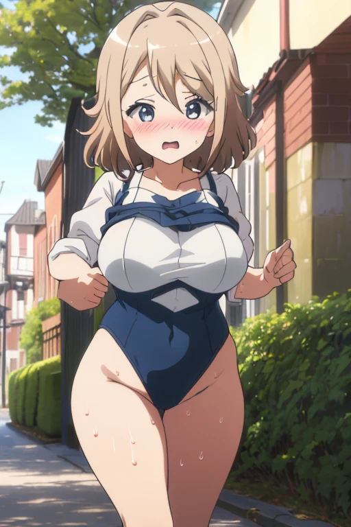 looking at the camera、When I Look at You、lookatviewer、Anime Style、Eroge、1 Girl, (Huge breasts), (Tight white camisole dress)、Low Angle、Brown haired, hair band、Bob Hair、The forehead is visible、blush,The whole body is visible:1.5、Long skirt、pregnant