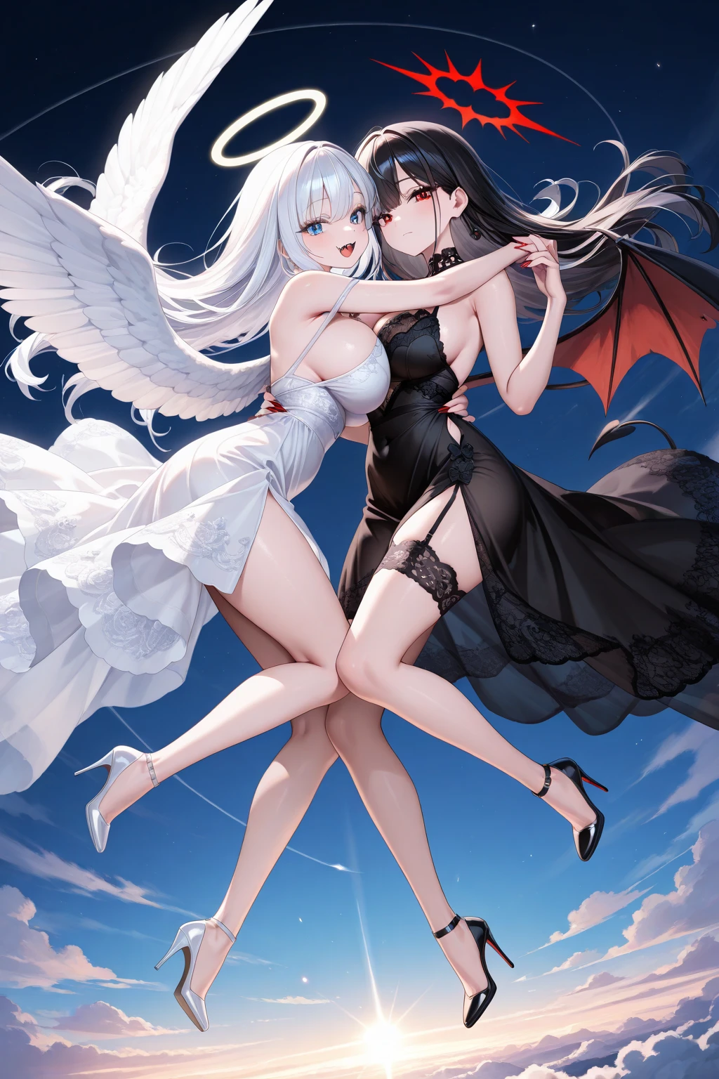 Swimsuit, multi-person sisters, young youth, manga style, big chest, legs fit, 4K, high resolution, lily, angel, demon, lower limbs connected