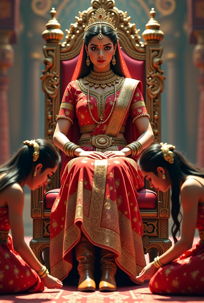 Indian lady royal sitting on royal chair wearing saree with legs crossed and high heels and wearing gold dainty anklets and another dark complexion woman worshipping feet of royal