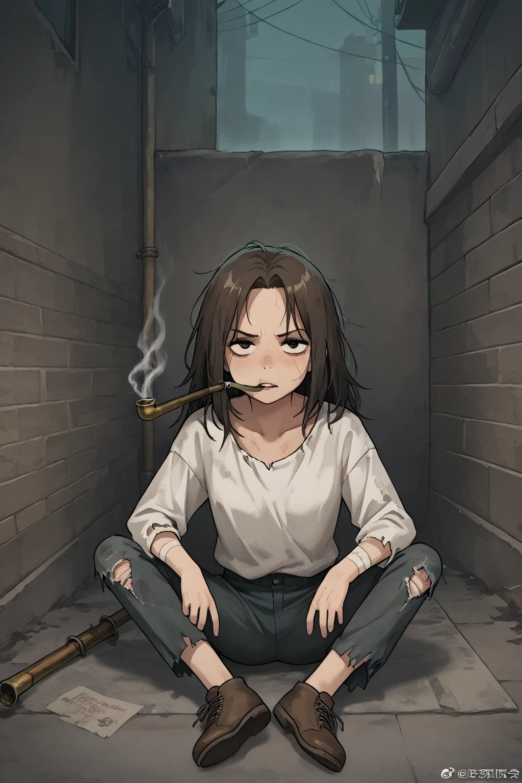 Homeless Moreno and Susio sitting on the street in a dark street smoking a glass pipe with a white shirt and torn pants 