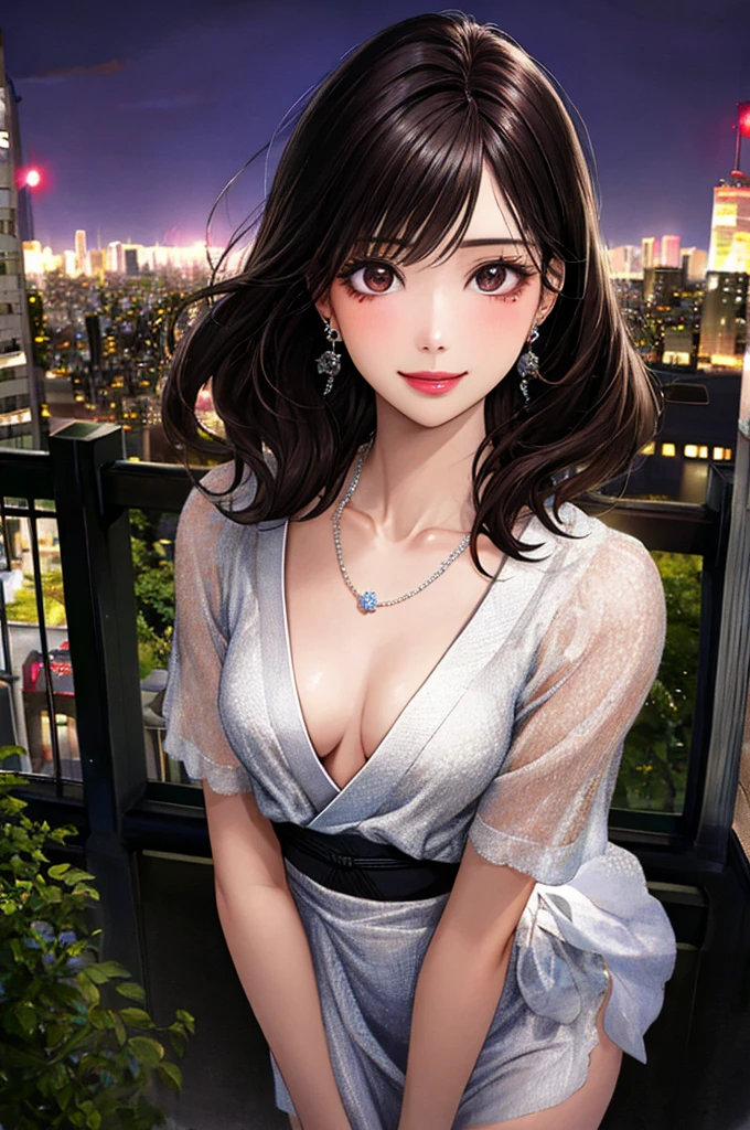 (8K, Best quality, Masterpiece:1.2), (Realistic, photo-realistic:1.37), Ultra-detailed, 1 girl,Cute, Solo,midnight,Beautiful detailed sky,Detailed Cafe,Sitting,dated,(nose blush),(Smile:1.15),(Closed mouth) Small breasts,Beautiful detailed eyes,Floating hair NovaFrogStyle,Backless dress