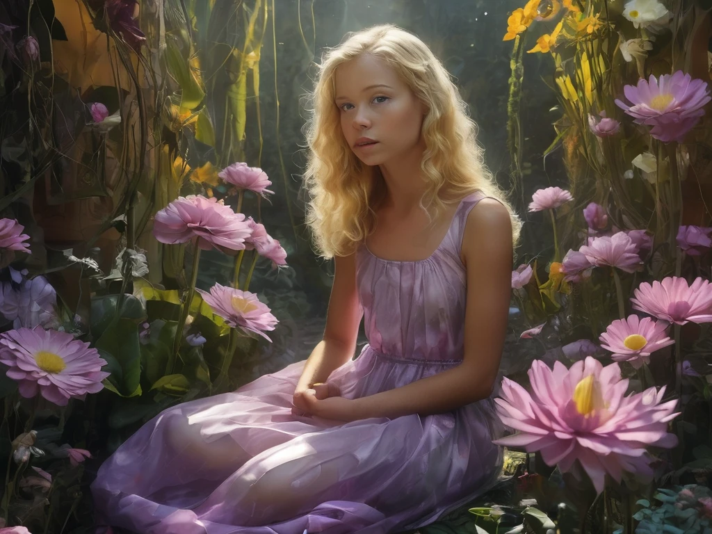 An 8-year-old blonde girl, in a pink princess dress, in a garden full of flowers, on a sunny day, is looking at the sky, praying, sitting in a wheelchair