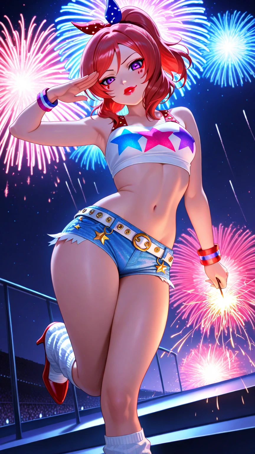 Kousaka honoka, cowboy shot, from behind,ass, realistic art , blue eyes, orange hair, sexy micro bikini, star-paint bikini, bracelet, sexy,curvy body, looking back at viewer, Blush, energetic smile, standing,crouching,in air, falling down, flying water drops,hair ornament, detailed hair strands,dark sky with stars and fireworks