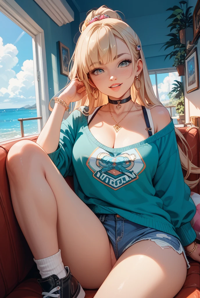 
Create a high-quality, detailed image of a beautiful blonde anime cat gamer girl with striking eyes and intricate tattoos. She is alone in a luxurious beachfront condo, wearing intimate sleepwear that highlights her midriff and stunning curves.

The condo features a high-end gaming setup with a sleek gaming PC, large monitor, and gaming accessories. Soft ambient lighting creates a warm and intimate atmosphere, blending with the natural light from the large window offering a view of the ocean.

The focus is on the girl and her gaming setup, emphasizing her passion for gaming in a serene and inviting environment.