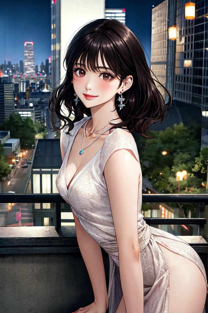 (masterpiece:1.3, Highest quality, Ultra-high resolution, Super detailed), (Realistic, photoRealistic:1.4), Beautiful illustrations, Perfect lighting, colorful, Depth of written boundary,
Beautiful detailed hair, Beautifully detailed face, Beautiful fine details, Beautiful clavicle, Beautiful body, 美しいLarge Breasts, Beautiful thighs, Beautiful feet, Beautiful fingers,
View Viewer、Front view:0.6, Beauty1人, Japanese, Beauty、30 years old, Perfect Face, (Perfect Anatomy, Anatomically correct), Cute and symmetrical face, Baby Face, , Shiny skin,
((A-line dress:1.4))
(Black Hair, ponytail:1.4), Dark brown eyes, (Large Breasts), Slim body,
necklace, (Small earrings:1.3),
(Beautiful views), (night), (city, cityscape in the distance), Are standing, A soft smile、(Smile, Lips parted),