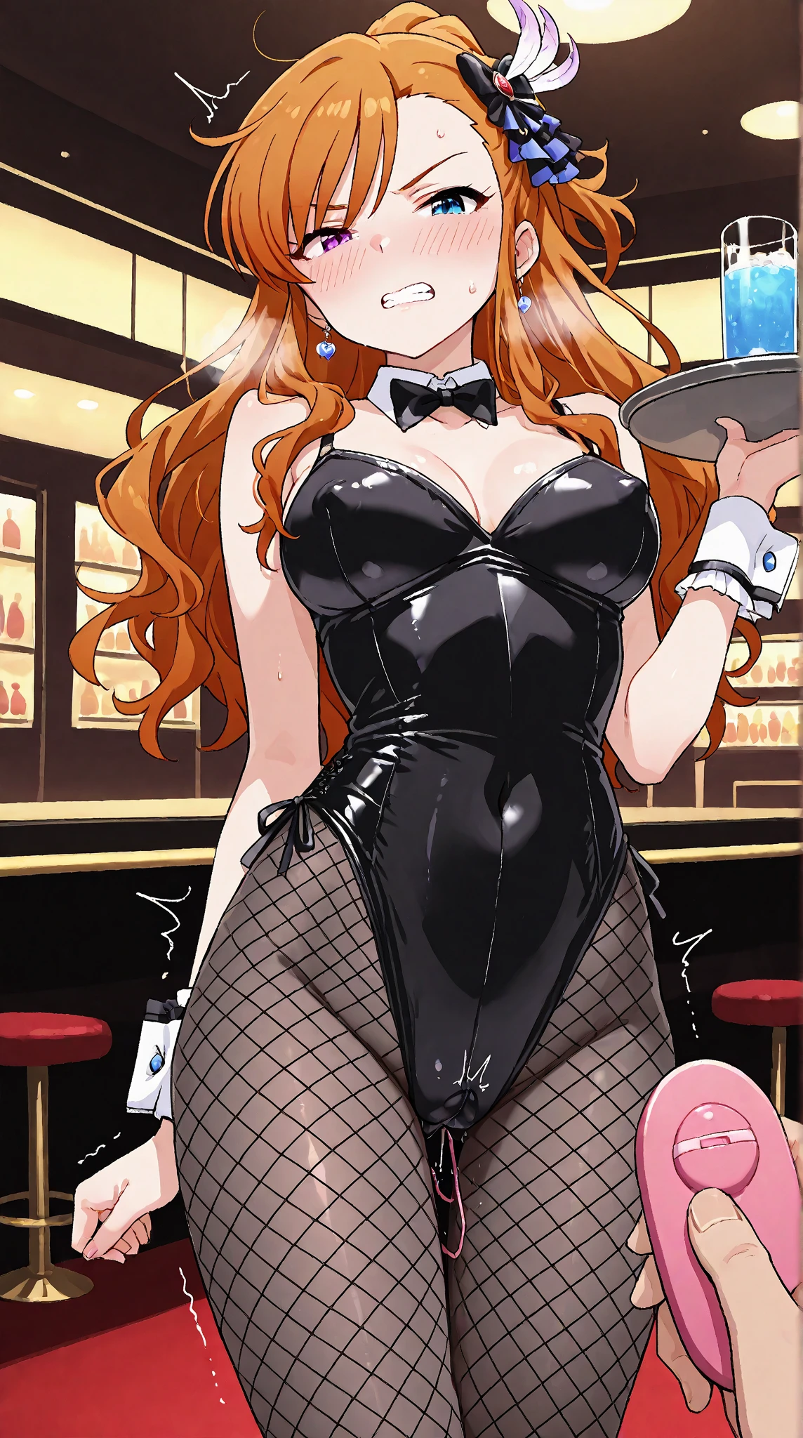 score_9, score_8_up, source_anime, best quality, nami, NAAmi, orange hair, orange eyes, long hair, large breasts, standing, looking at viewer, , red clothes, indoor, low angle, squatting, arms behind head, blush, from front, cleavage nami (one piece), 1girl, high heels, meme attire, drinking glass, reverse bunnysuit, orange hair, reverse outfit, pasties, solo, , breasts, animal ears, rabbit ears, bow, cup, bowtie, tail, tray, navel, heart pasties, rabbit tail, long hair, open mouth, fake animal ears, full body,,reverse bunnysuit, maebari, pasties, ((((reverse bunnysuit))))bare waist,