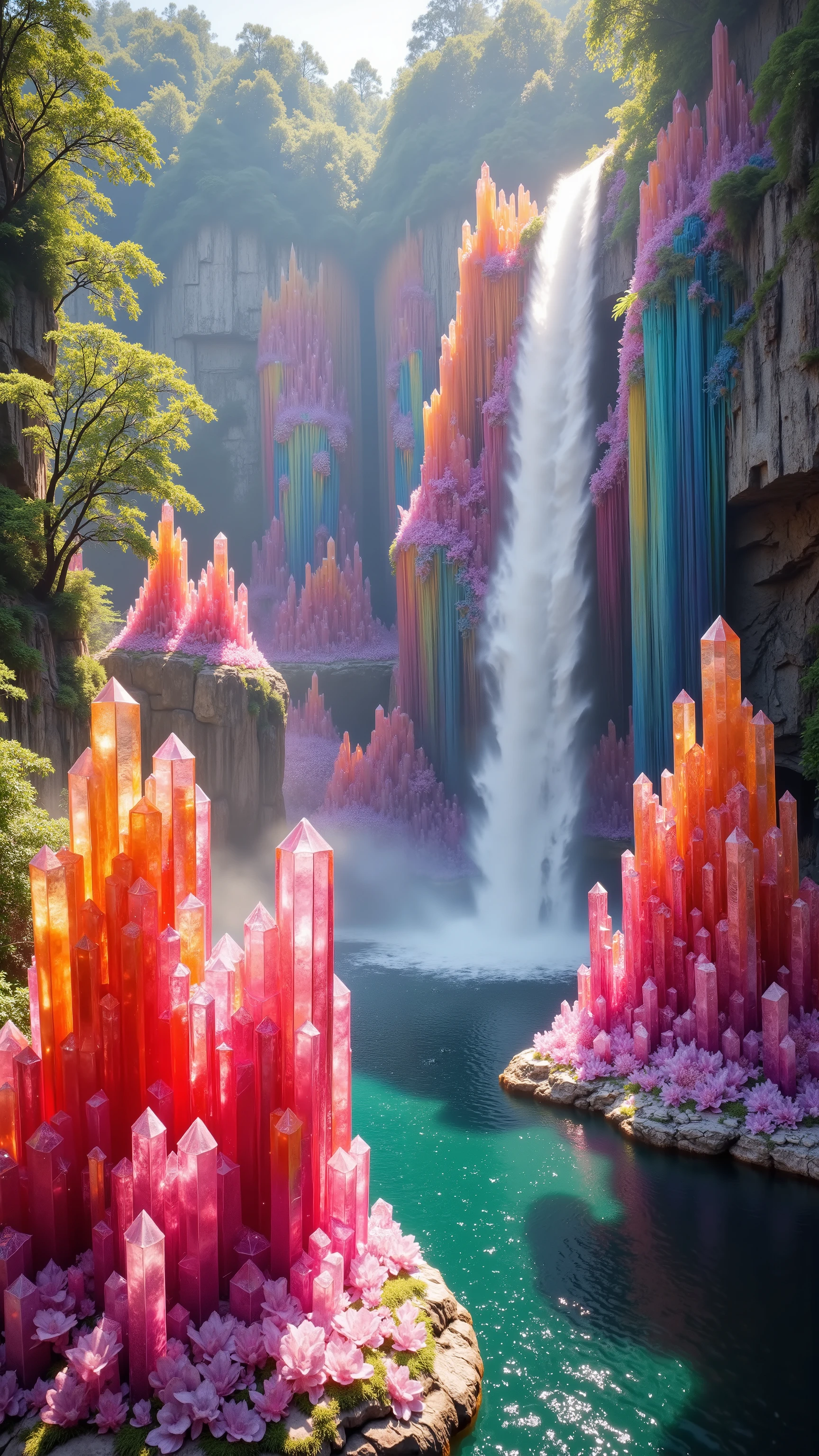 
***Use the lagoon and waterfall in the image provided, a cliff that is 300 feet tall made up of gigantic quartz crystal points that are multicolored pillars in a tropical rainforest. In the middle of these skyscraper sized quartz crystals is an incredible gushing, cascading waterfall that pours into a beautiful lagoon that is lined with smaller quartz crystals 20 to 40 feet tall. In hues of Pink, Red, Orange, Yellow, Green, Blue, and purple, there are hundreds of them and they are partially translucent and radiate color in the bright full sunlight of the day.  Natural, Authentic/Real looking. Anatomically Correct, Attention to detail, In Depth  colored translucent quartz crystals protruding from the water's edge. Photorealism, Breathtakingly Beautiful,   8K Octane, Action Painting, Artistic, Cinematic, Cinematography, Conceptual Art, Digital Art, Fujicolor, Super Saturated Colors, Hyperdetailed, Hyperrealism, Photorealistic,Portrait Photography, Surrealism, Unreal Engine, deep color off the gigantic translucent multicolored quartz crystals. Full focus Optical Illusion, Cinematic Lighting, Glowing Light, Reflection Light, Ray Tracing, God Rays, Perspective, UHD, Super Detailed, Best Quality, Detail, Award Winning, Masterpiece!
