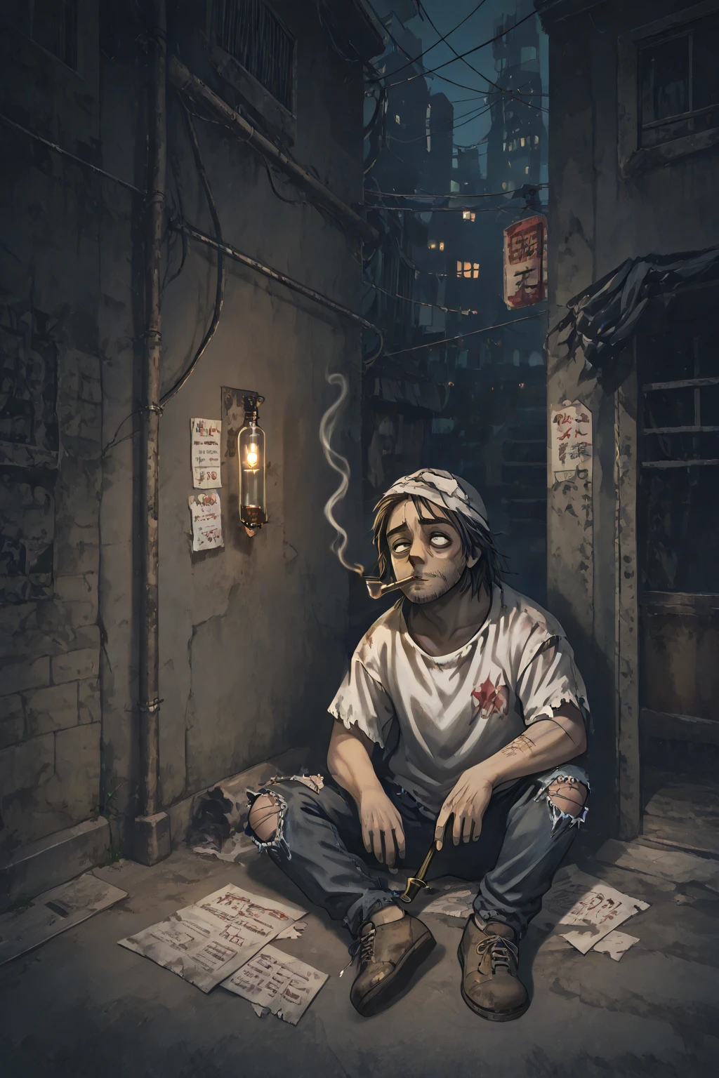 Homeless Moreno and Susio sitting on the street in a dark street smoking a glass pipe with a white shirt and torn pants 