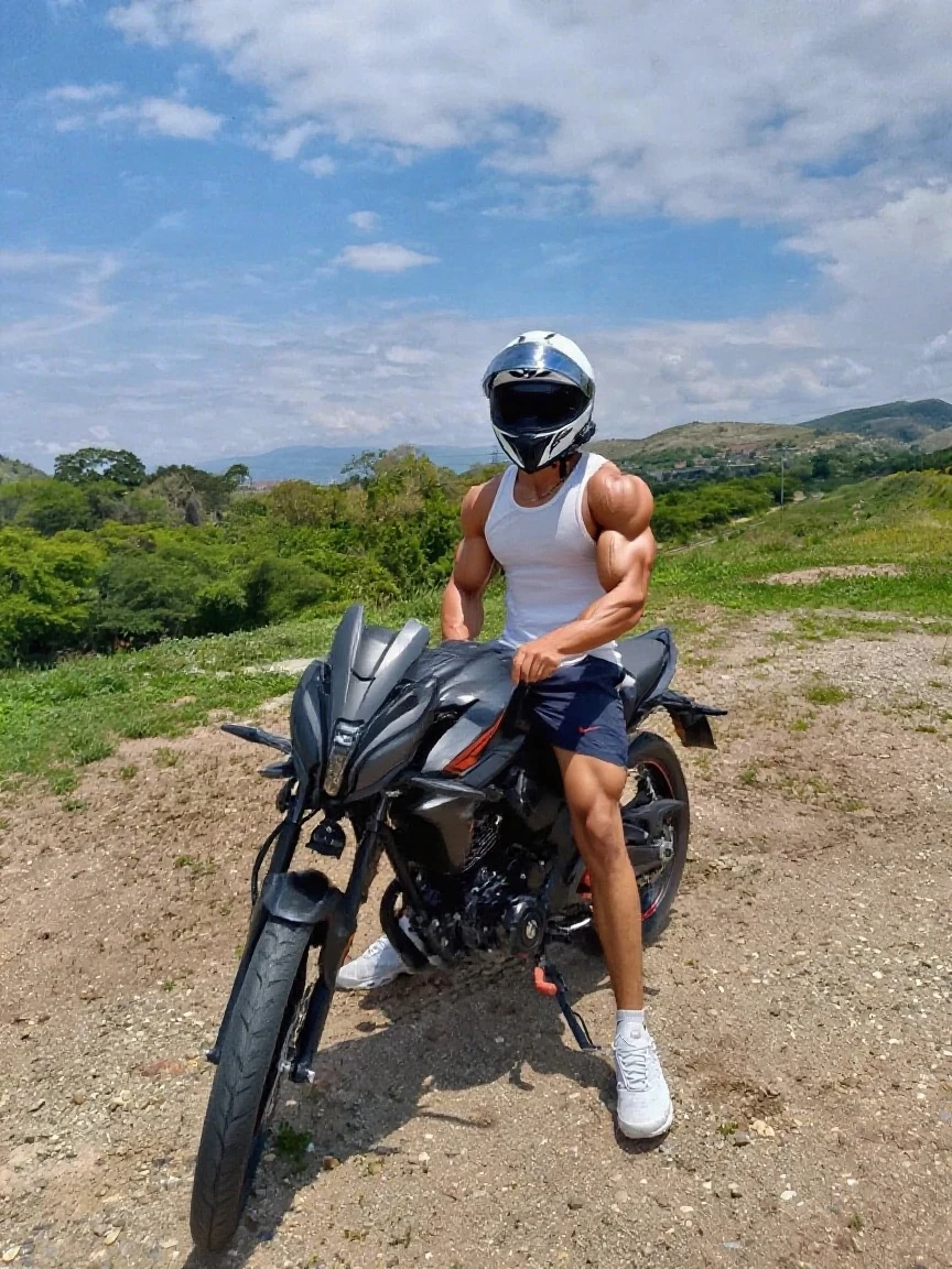 there is a man sitting on a motorcycle wearing a gas mask, without helmet, sri lankan mad max style, muscular!!, sitting on cyberpunk motorbike, biker, motorcycle, super buff and cool, sitting on a motorcycle, with abs, muscular, muscular!!!, motorbiker, muscle, profile image, abs, indian, motorbike, riding a motorcycle, indian super model