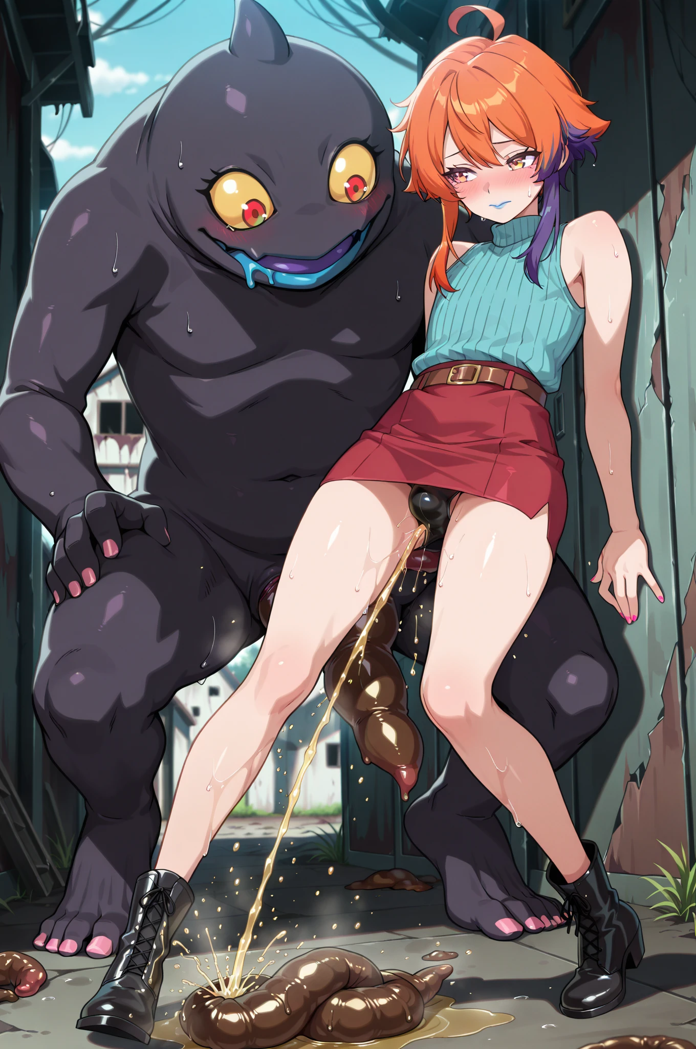 score_9, score_8_up, score_7_up, source_anime, sakimiya iruka, red hair, green eyes, one side up, medium hair, green scrunchie, hair ornament, shiny skin, rating_explicit, (large breasts:1.2), large ass, nude, collar, handcuffs, wide-eyed, empty eyes, crying,(tears:1.3),(sweat, steam on body, heavy breathing:1.2), (trembling:1.6), drooling, saliva, pussy juice, Squirting, (lying:1.2),(after rape, after sex, after fellatio:1.3), 1man, size difference,(orc, huge penis, huge testicles:1.5), penis awe,(cum on body, excessive cum, cumdrip, cumdump, cum overflow, cum pool:1.5), (cum in mouth, facial, cum on hair, cum string), (ass grab:1.3), sex slave, prison cell, 