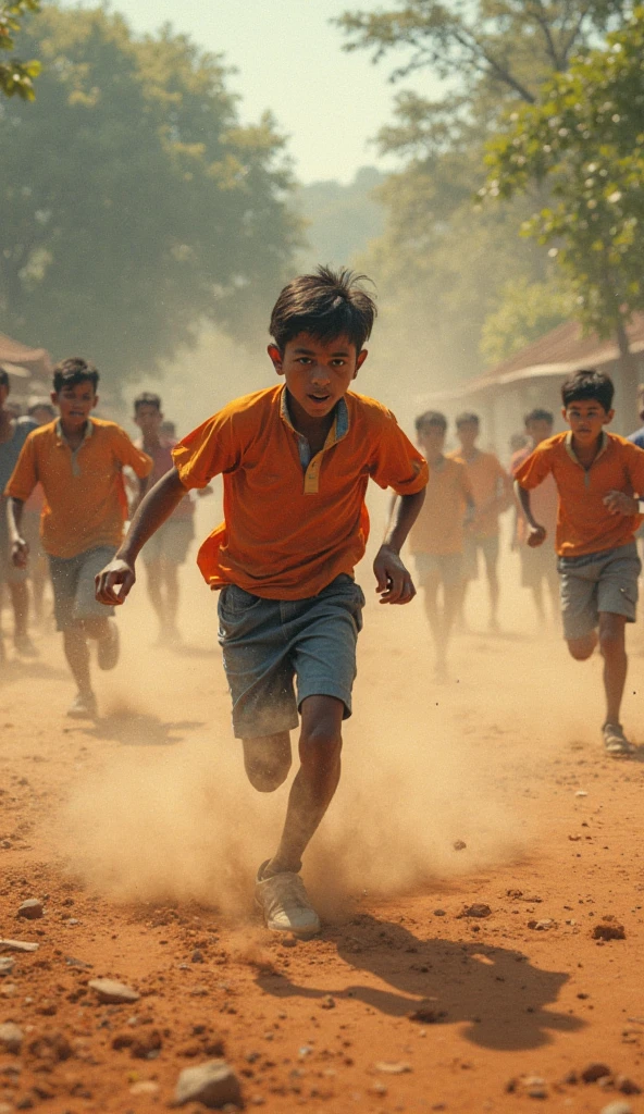 A view of a dusty, barren playground with minimal facilities. Suraj, now slightly older, is practicing running on the uneven ground. His worn-out shoes and simple attire contrast with his focused expression and determined stance. Nearby, a few children are playing casually, unaware of Suraj's dedicatio