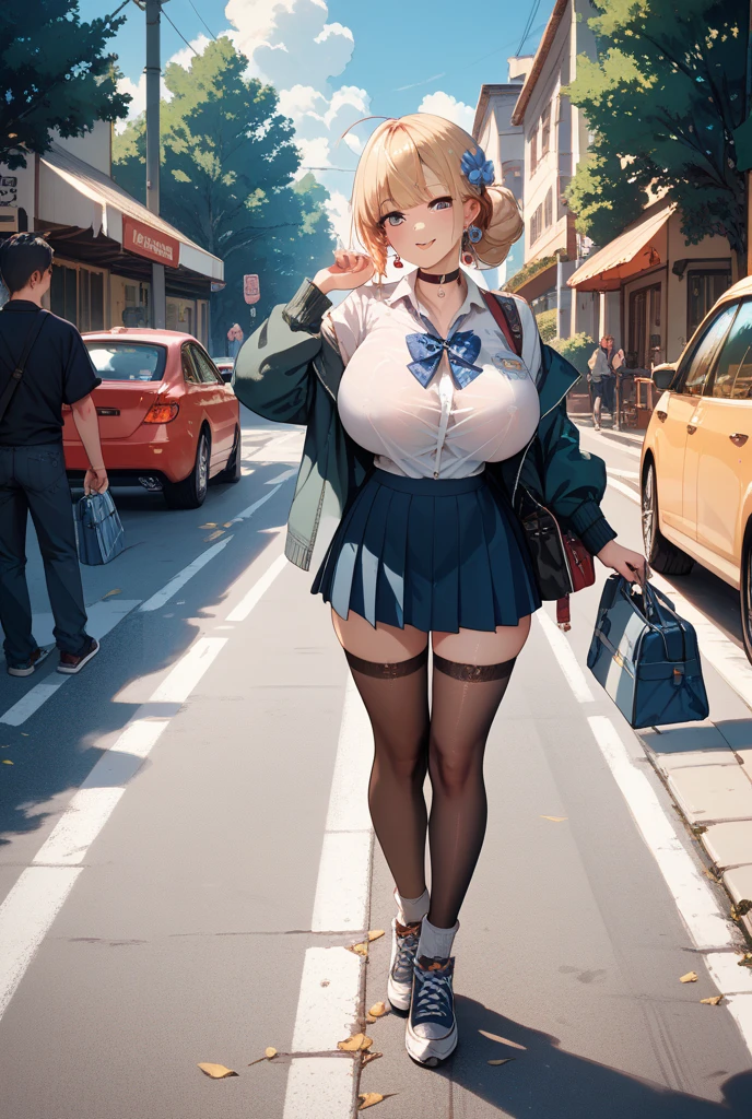 photo realistic, 1girl, masterpiece, best quality, ((side shot)), ((looking through legs:1.5)), slender girl with hourglass body, solo, pretty, cute, annoyed girl, shiny skin, ((dark tan skin:1.5)),((short pleated skirt, white blouse, Korean school uniform)), sexy, girl shows enticing breasts, ((platinum blond hair, medium hair)), pink eyes, pink orbs, detailed eyes, beautiful eyes, delicate eyes, ((hourglass body, sexy body)), correct anatomy, correct limbs, ((huge breasts:1.3)), juicy lips, street, BREAK((black pantyhose:1.5))