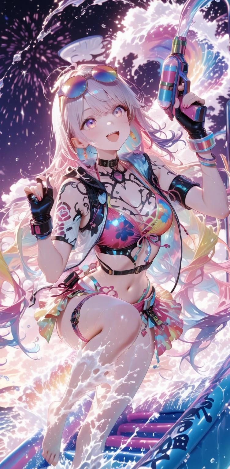 ((Masterpiece)), best quality, absurderes, ultra detailed, holographic, cowboy shot, super cute girl, mature girl, super beautiful asian girl with very beautiful violet glowing eyes, beautiful glowing white multicolored hair, nice and sexy body, slim body, perfect body, wearing super tight anime printed boxers, an anime printed super tight shirt, super aesthetic pink jacket, looking to a glowing mirror, seeing a different version of her from other universe