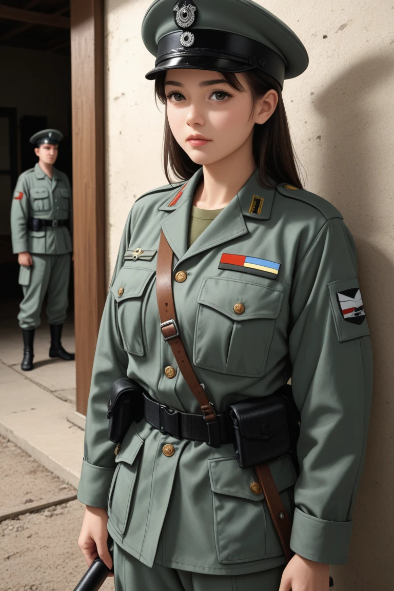 Very detailed CG unity 8K wallpaper，（tmasterpiece），（best qualtiy），（ultra - detailed），（Ultra photo realsisim），（best character detail：1.36），Nikon D750 f / 1.4 55mm，profesional lighting， physically-based renderingt, 1girll, Female soldier，army suit，Dark green military uniform，Fabric texture military uniform，（（（Headband with officer's hat））））（((Hanging gun：1.2)），Pure white lining，Dark green tie，Black hair，the golden ratio,[:(com rosto detalhado:1.2):0.2]:,PureErosFace_V1, broad shoulder,,(big assa:1.5)，Soaked with sweat，red flags，In the square，Splendid scenery，bright sun，upper body photos，Place your hands on your chest，（（（Fighting posture：1.8））），（（（Collar：1.2））），（（（Wearing a military cap：1.2）））,Perfectcomposition,