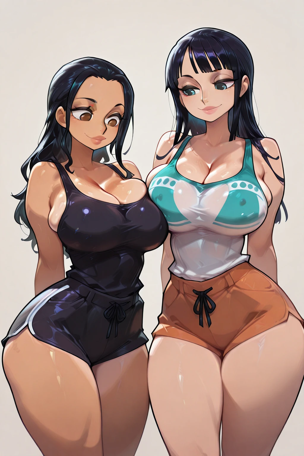 2women, massive breasts, mature, plump ass, smiling, one with middle parted long black hair, green eyes, other short brown hair middle parted, brown eyes, white v neck and pencil skirt, tanktop and short shorts, both brown skin, sisters, pretty face, hugging