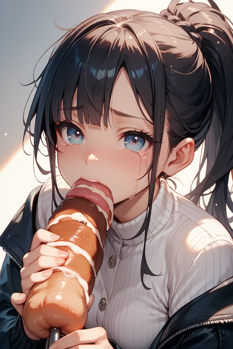 Girl licking thick short stick sticky white, black hair, ponytail, black sailor suit