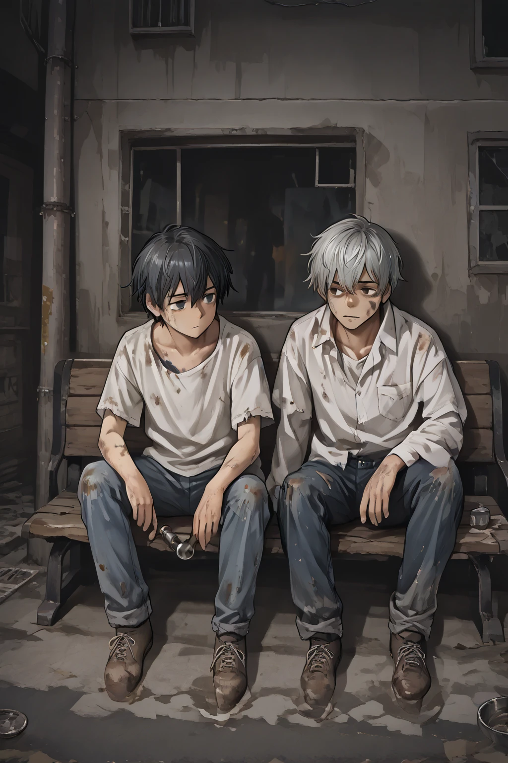 Homeless bruno and Susio sitting on the street on a dark street smoking a glass pipe with a white shirt and broken pants Homeless thin with dirty skin 40 year old with open legs sitting on a bench short hair and rowdy African man thin African man 