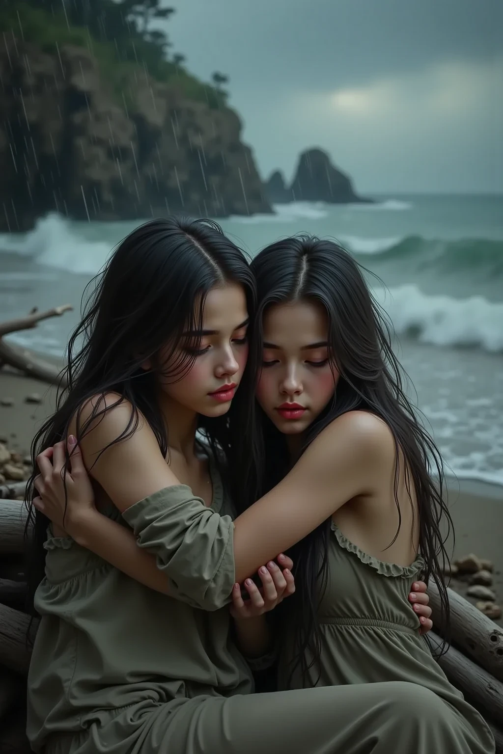 (masterpiece, best quality: 1.2), ultra detailed, cinematic lighting, HDR, illustration, landsape, 1girl, (soft colors), post-apocalyptic beach, the night, desolate atmosphere, girl sitting on the sand, covered vegetation, (overcast sky), waves crashing on the coast, (melancholic but hopeful), quiet moment of respite, (detailed textures), windswept hair, cloudy at night, (two heads)