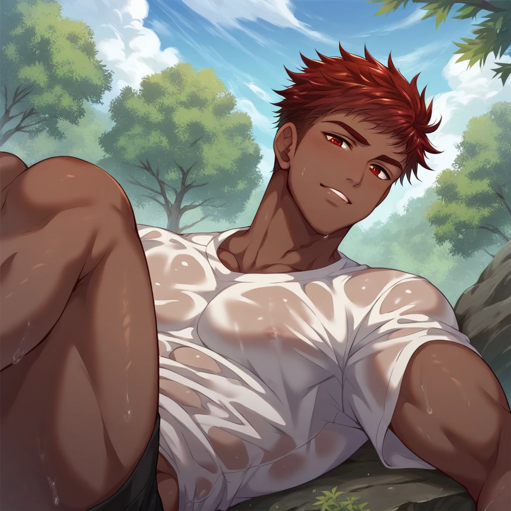 野性的なBrown skinの狼獣人の部族の細マッチョな奴隷少年、Brown skin、barefoot、barbarian、Hunting with a spear in the jungle、Ankle Accessories、Wolf Ears、Wearing an ivory necklace、Wearing a loincloth、Short Hair、Tattered Loincloth、Iron Collar