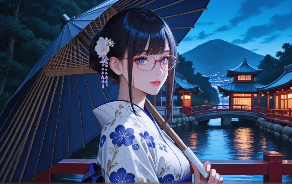 riofutaba, highres, Top quality, Illustration, Ultra detail, (detailed face), (detailed eyes), Soft lighting, Top quality, Ultra detail, Masterpiece, 1girl, Solo, Costumes 4, Ash brown hair, Long hair, Brown eyes, Glasses, Japanese clothes, Blue kimono, Yukata, Wide sleeves, Floral, Bright eyes, Big breasts, (Colorful), Smile, Tanabata, Bamboo, Strips, Outdoors, Seated, Night, Starry sky, Night sky, water --auto