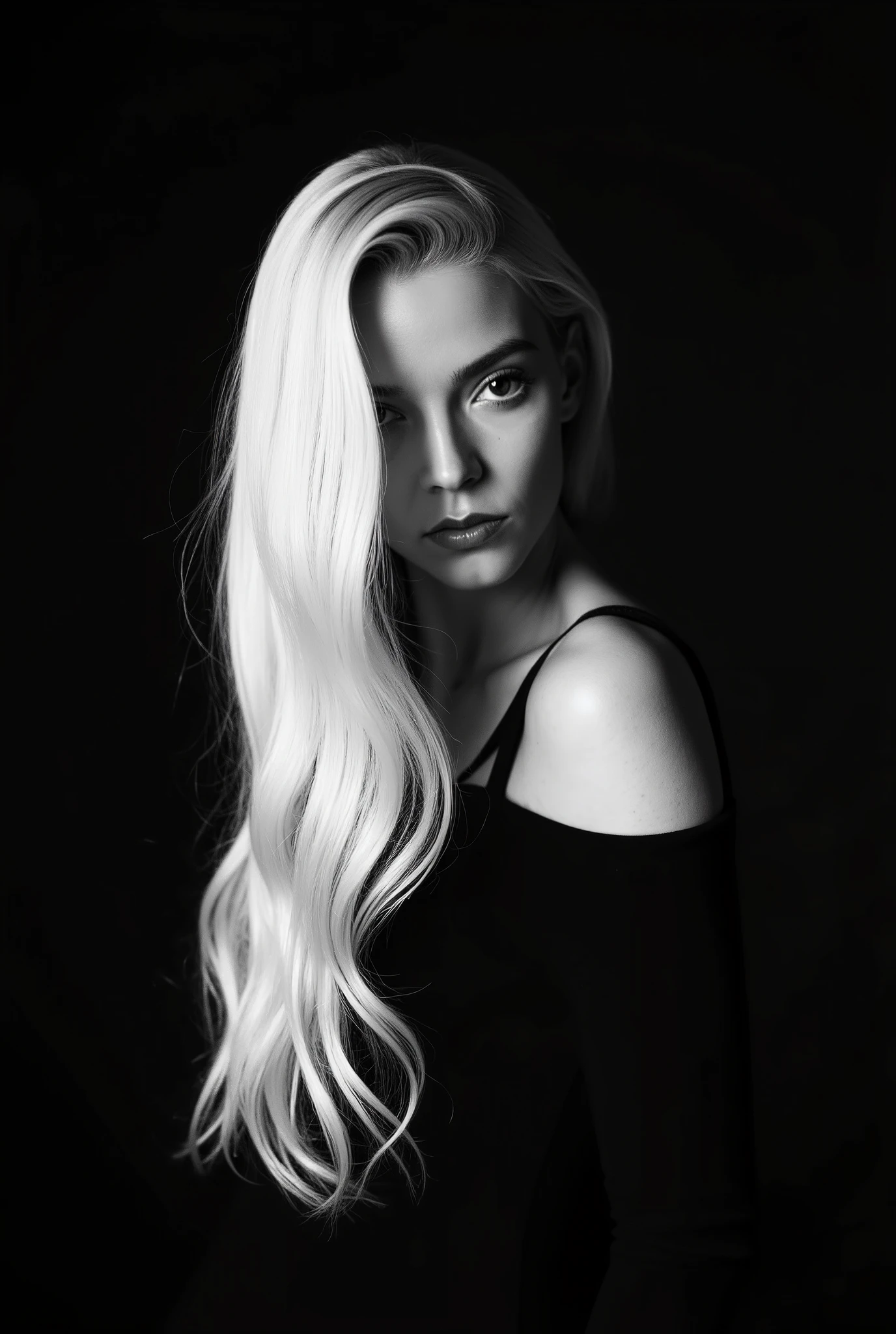 In a monochromatic setting, a girl showcases striking long, blonde hair that flows freely over their shoulders. The hair is characterized by its smooth texture and subtle layers, catching the light in gentle highlights that contrast against a shadowy backdrop. The choice of black attire blends seamlessly with the dim surroundings, enhancing the overall mystery and timelessness of the portrait. The composition focuses on the interplay between light and darkness, emphasizing the graceful lines of the hair and the serene calmness of the scene. Open shoulders and collarbones emphasize the femininity and seductiveness of the girl. She has a charming look and a sensual expression on her face. There are highlights in her dark eyes. close-up portrait, high quality, photorealism, masterpiece, professional photography, classic black-and-white photography, intricate details,