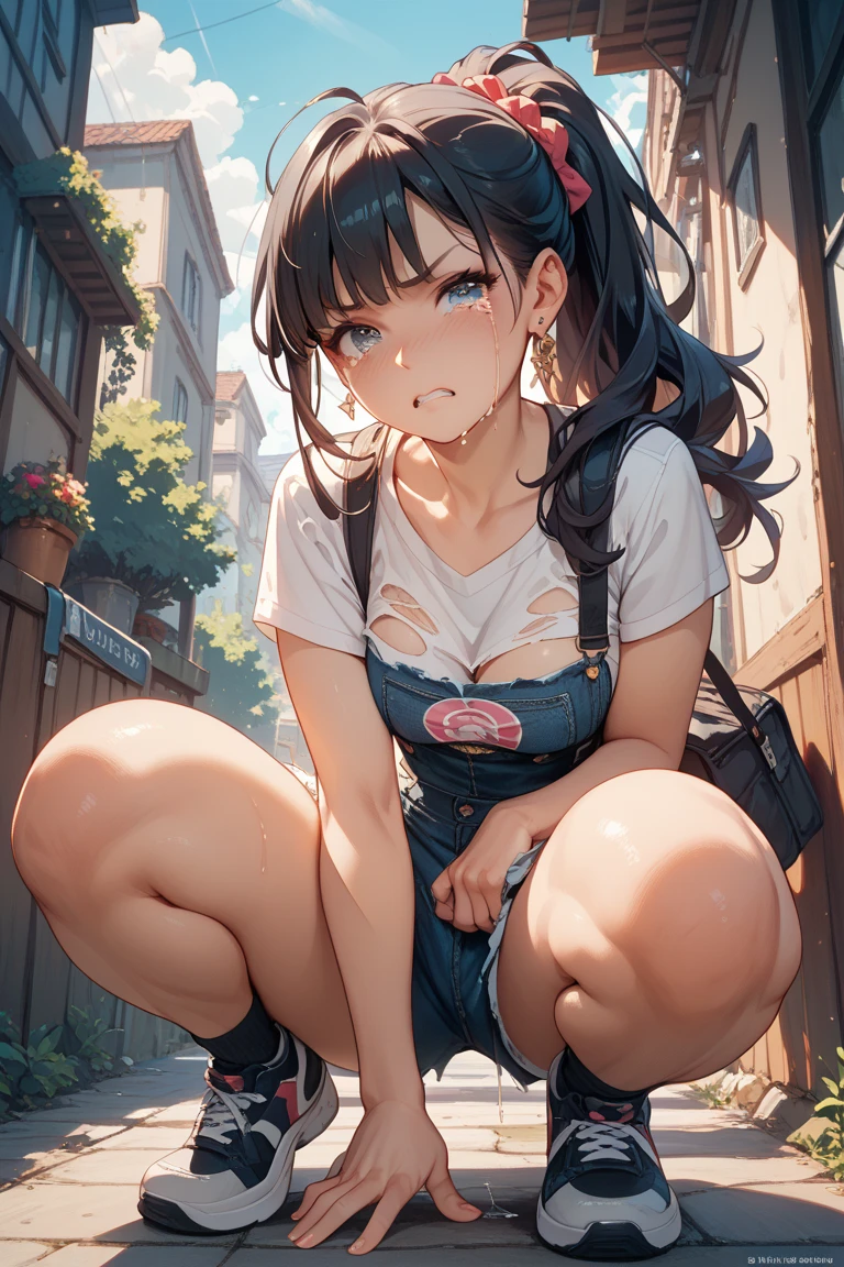 1girl and 1cat,cute,bigbreast,cleavage, shirt and skirt,student,she feed cat,squat,in morning,brilliant sky