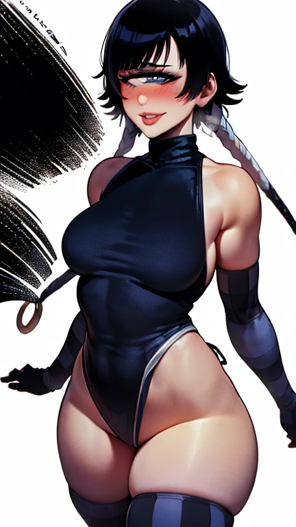 (sharp focus, masterpiece, HD, anatomically correct, best quality, shexyo:1.2), detailed, detailed face, detailed eyes, (white background:1.2), (soifon, short hair, bangs, black hair, short hair with long locks, long braids, blue eyes:1.3), (1girl, solo, standing:1.3), (small breasts, thick, voluptuous, chubby, milf, thick thighs, fat thighs, wide hips:1.3), sexy, hot, (thick lips, big lips, bimbolips, blush, parted lips, sexy smile, shy:1.5), (Japanese clothes, black hakama, black haori, sleeveless, elbow gloves, cleavage:1.4)