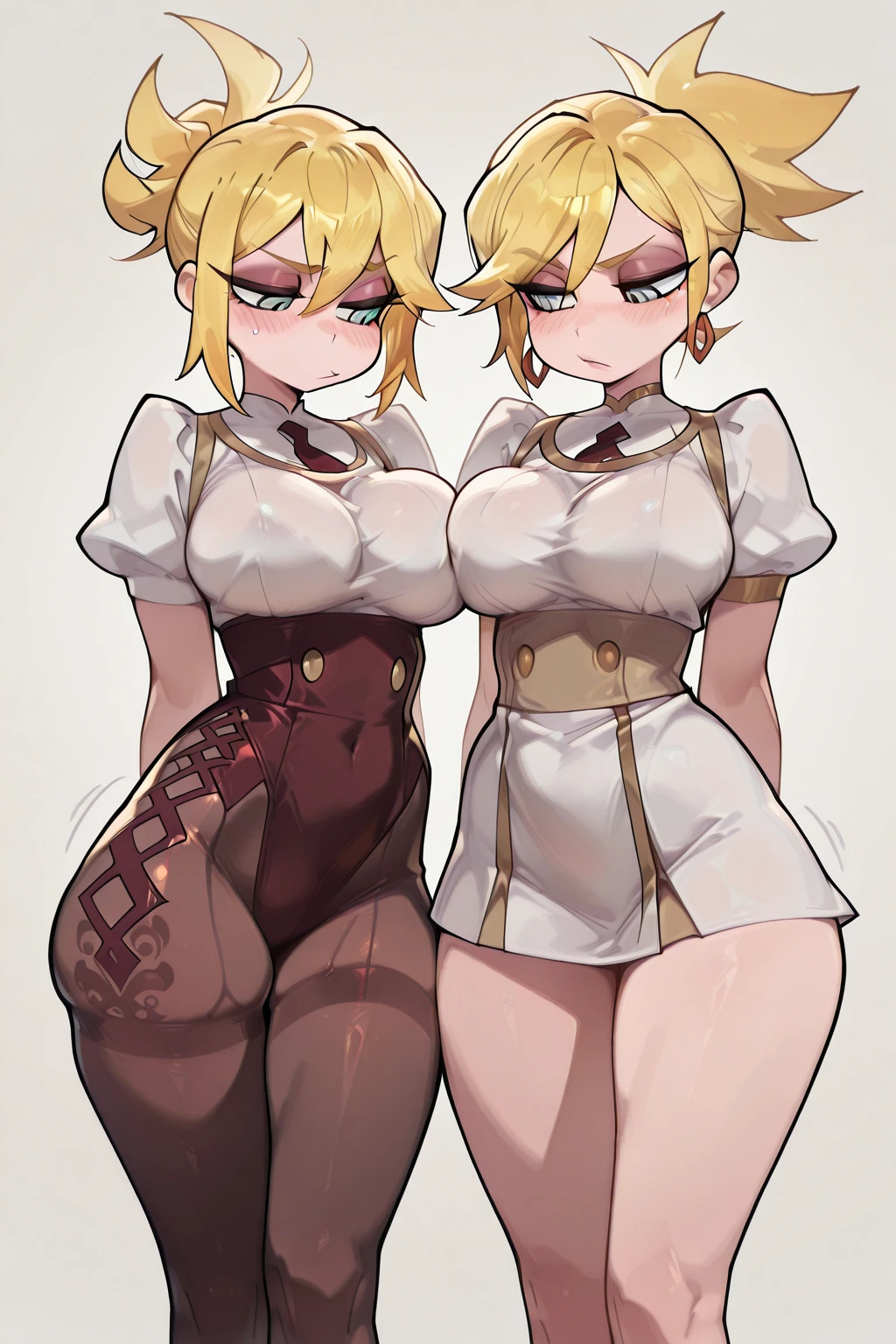 Bowei, Crow, 1girl, solo, looking at viewer, short hair, blue eyes, blonde hair, large breasts, simple background, gloves, pantyhose, thighs, hair over one eye, huge breasts, covered nipples, leotard, lips, covered navel, underboob, highleg, looking down, from below, black background, black leotard, areola slip, highleg leotard, thighband pantyhose, hands on hips, brown pantyhose