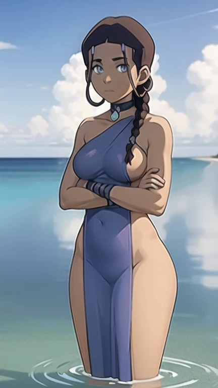 Obra maestra, La mejor calidad, teen ((Katara)), Entonado, dark skin, trenza, jewely, Mirando al espectador, vestido corto, vestido levantado, vestido blanco, on the river, sol, Revelar bajo vestido, normales senos, no shoes , Mostrar bragas blancas, (ojos azules:0.6), mostrar piernas, sexy pose