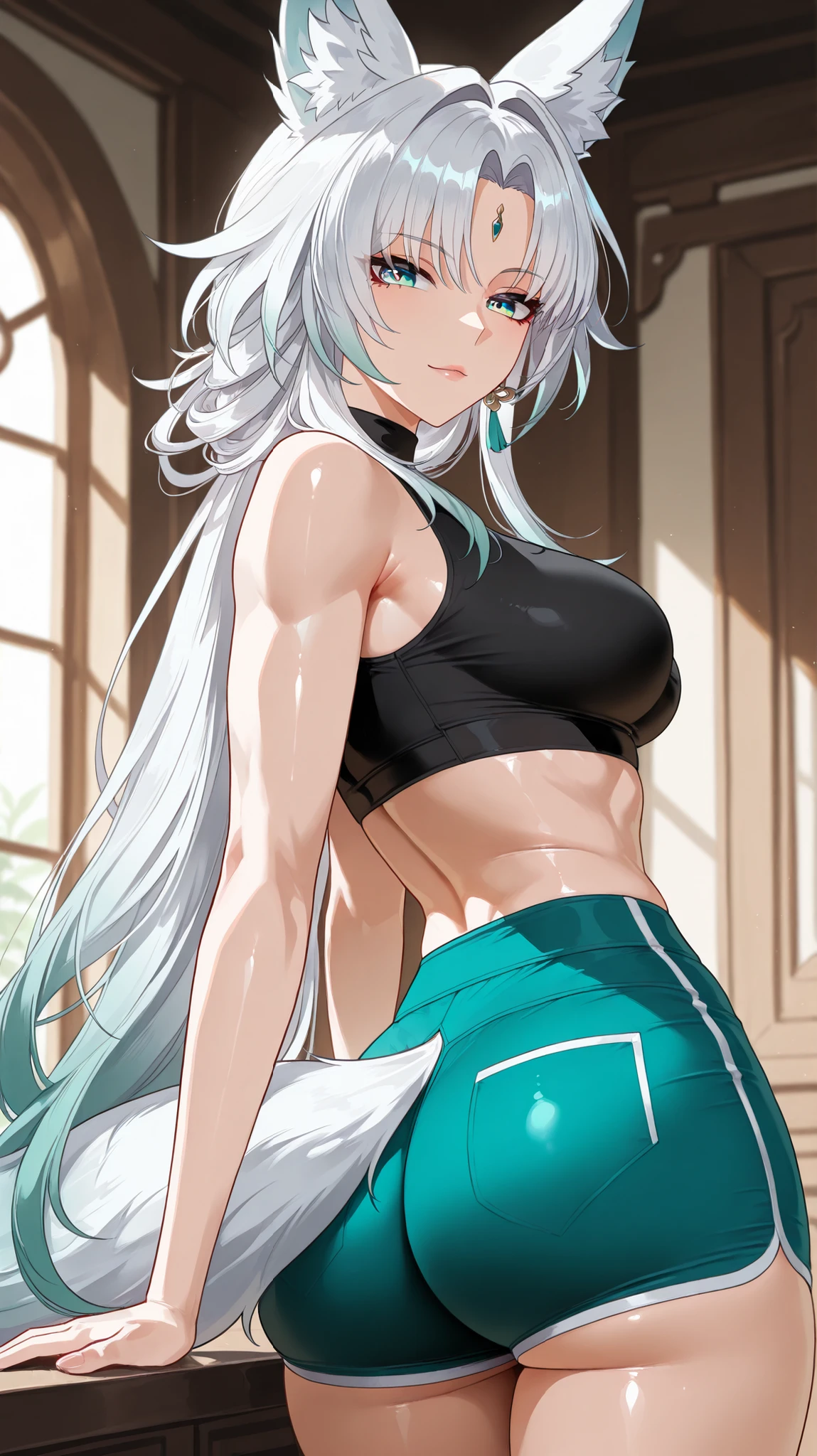 1girl, beautiful fair skin, blue eyes, long wavy green hair, white tank top, yoga pants, medium , cleavage, large breast, dynamic poses, toned abs, cute shy smile, blushing