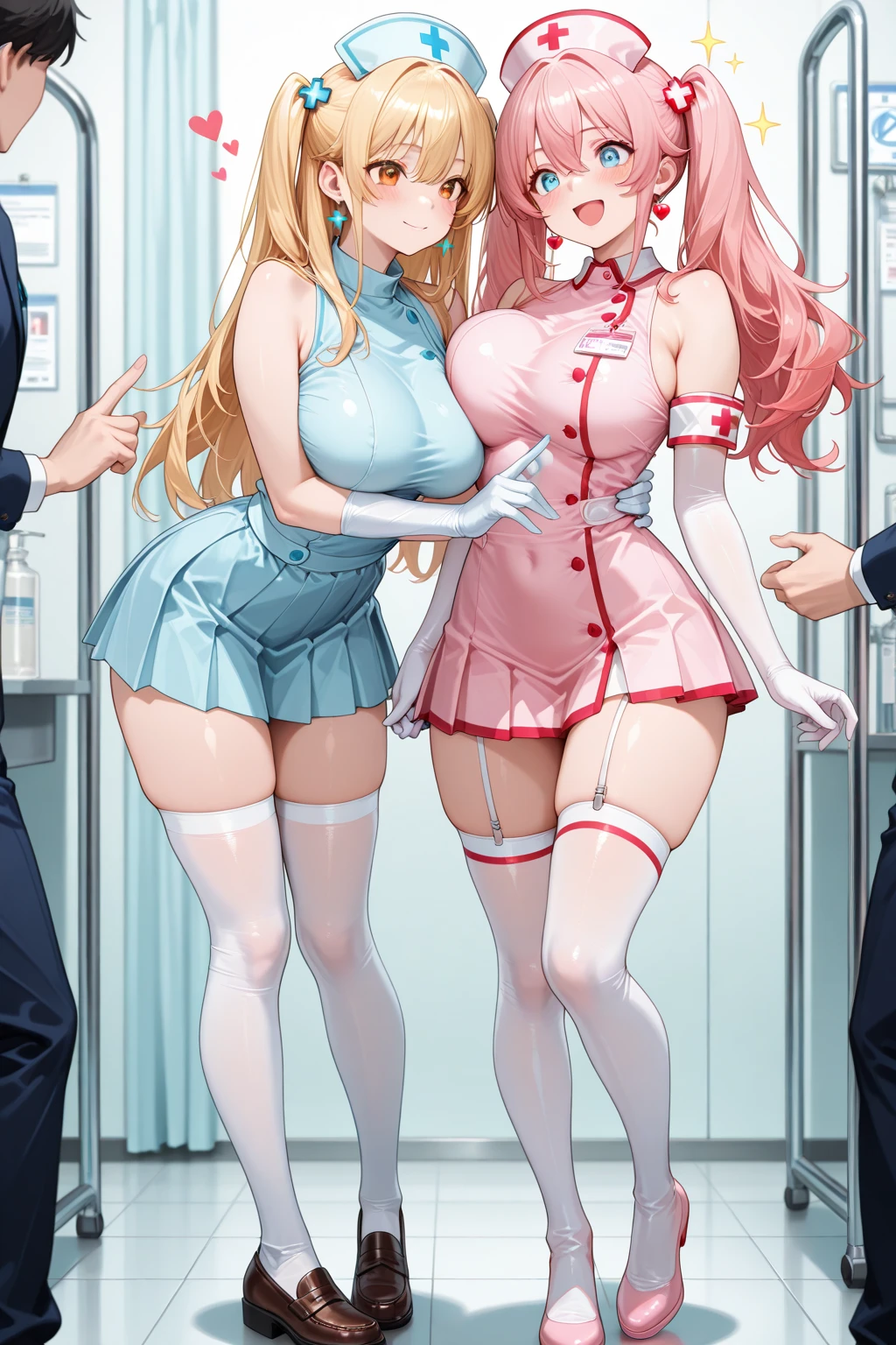 ((2 girls))、(smile:1.5)、Small breasts、(Cowboy Shot)、(fun!!)、(cardigan)、(blonde)、(blush:1.4)、、(Single Blade)、(Eye highlights:1.3)、, Rest indoors, ((Hospital room:1.5))、 BREAK while watching the audience、(Grab the skirt:1.0)、 (Perfect hands, Perfect Anatomy),Cowboy Shot、(Skirt flip:1.3),(Highly detailed panties:1.3)、(Highly detailed white panties:1.3)、、(スカート that rolls up:1.3)、(Full-fledged panties:1.5)、Bright Blue Eyes、(White nurse uniform:1.5)
、(White nurse cap:1.5)、White costume、White Uniform、nurse uniform 、nurse cap