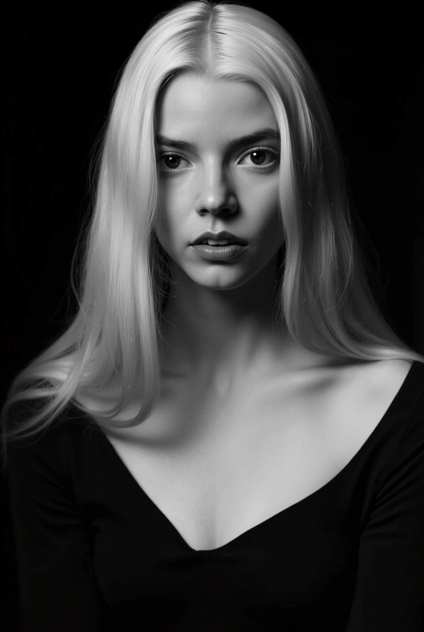 In a monochromatic setting, a girl showcases striking long, blonde hair that flows freely over their shoulders. The hair is characterized by its smooth texture and subtle layers, catching the light in gentle highlights that contrast against a shadowy backdrop. The choice of black attire blends seamlessly with the dim surroundings, enhancing the overall mystery and timelessness of the portrait. The composition focuses on the interplay between light and darkness, emphasizing the graceful lines of the hair and the serene calmness of the scene. Open shoulders and collarbones emphasize the femininity and seductiveness of the girl. She has a charming look and a sensual expression on her face. There are highlights in her dark eyes. close-up portrait, high quality, photorealism, masterpiece, professional photography, classic black-and-white photography, intricate details,