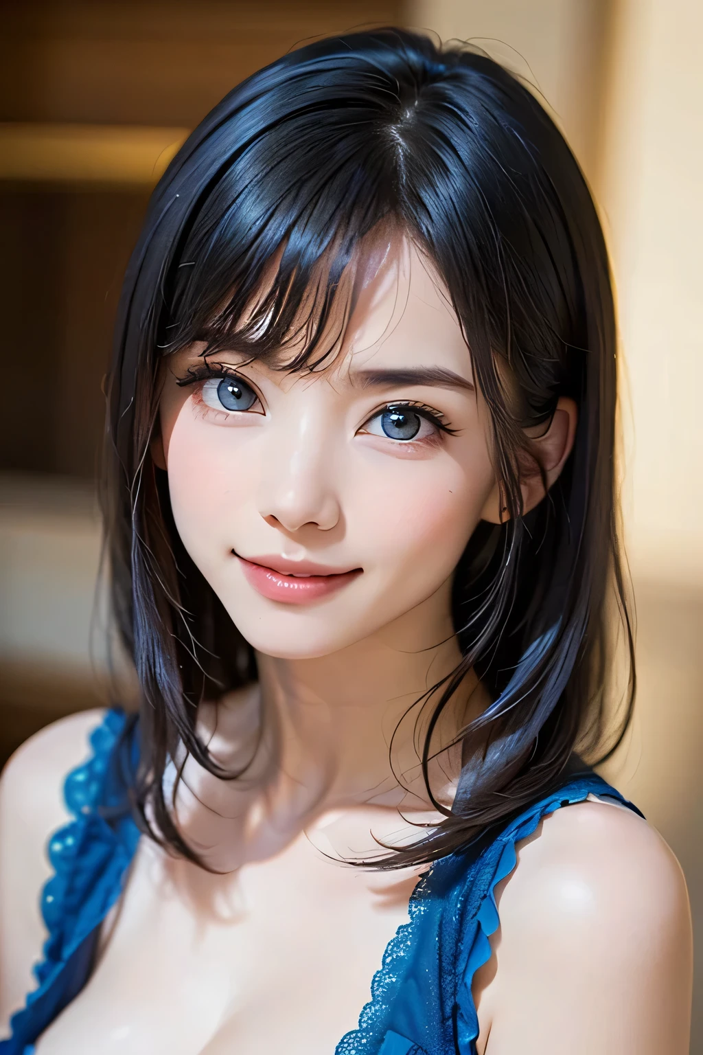 ((nsfw、top quality、best quality、just one beautiful and cute woman、 A beautiful woman with a very cute golden ratio who boasts overwhelming beauty、The beauty of symmetry、realistically depicts everything in high resolution high definition、God of rich nature、Beautiful and cute face、 Eyes drawn in high resolution 、lashes drawn in high definition、Beautiful and cute symmetrical faces, A long, beautiful neck、bangs:1.6、Beautiful Décolleté、gloss、Perfect Anatomy、cute smile、Teen))、({gigantic|big|huge|mega} breasts, cleavage)、ideal ratio、Golden Ratio drawn in high resolution、perfect anatomy、 Transparency、sparkling、Off Shoulder、((beautiful teeth、expressive、Love projected on camera、I'm a little shy、bangs, beautiful landscape with only rich nature and bright green in the background、moist blue background of water、beautiful blue sky))