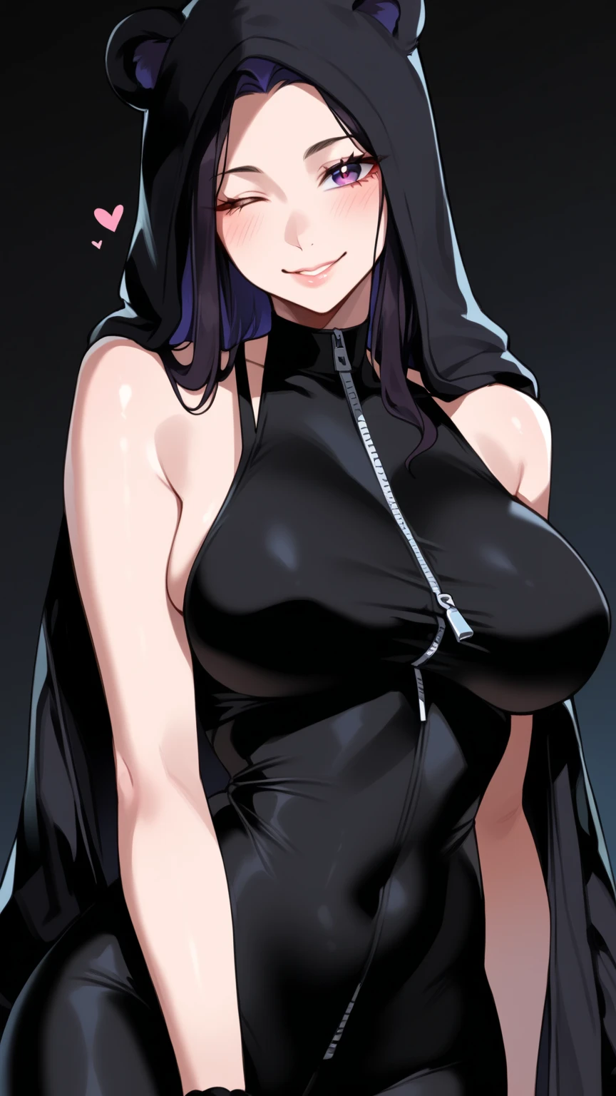 score_9, score_8_up, score_7_up, source_anime, expressive, anime, cartoon, speedlines, dynamic, hearts, 1girl, makeup,floox style ,  skindentation, , sweat,grey background, smug, , long hair, Tsurugi (black hair, hime cut, antenna hair, long hair, halo, bloody halo, red eyes, eyeshadow, , neck tattoo,), , floox style, big tits, ,  blush, nose blush, embarrassed, used condom in mouth, jacket,, open clothes, purple jacket, purple track suit,, sportswear, standing, track jacket, purple track pants, track suit, large breasts, collarbone, breasts focus, solo, nipple slip
