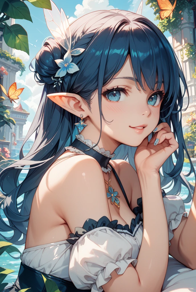 Style-PotionMagic-2000, masterpiece character concept art, best quality, a beautiful woman with glowing symmetrical fairy wings in a mystical lagoon with high vegetation at night, intricate blue (translucent:1.2) dress, hair bun, hair ribbon, rainbow hair, intricate mystical multicolor (air sparkles:1.2), smiling, laughing, looking at viewer, orange eyes, intricate jewelry at night, dark, low light, no natural lighting, air sparkle illumination Realism, 8K, absurdres, dramatic shadows, high contrast, depth of field, sharp focus, high resolution