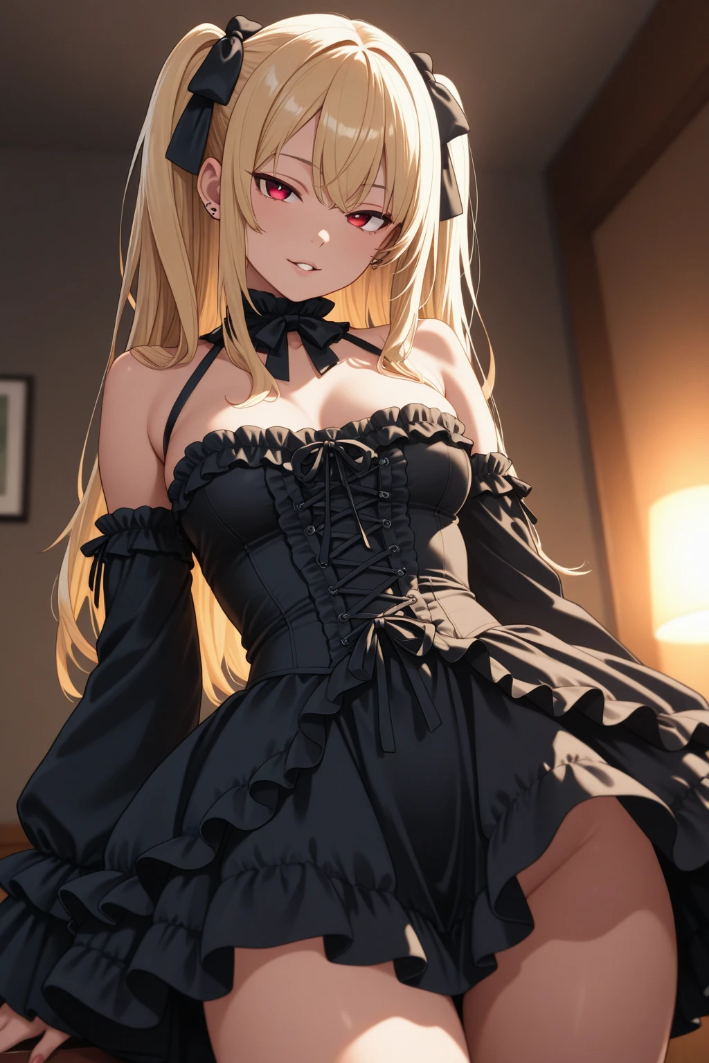 ultra realistic 8k cg, masterpiece, ((ultra detailed background, delicate pattern, intricate detail)), (highly detailed, fine details), best quality, 1girl, (photorealistic:1.4),beautiful lighting, absurdres, RAW photo, film grain, 1girl, solo, ((bedroom background, bedroom environment, window, bed, posters, table, lamp, apple, books, night light, complex detailed background)), (blonde hair, bright hair), long hair, jewelry, two side up, brown eyes, necklace, choker, lipstick, cross, earrings, dress, makeup, thighhighs, bare shoulders, black dress, gothic, smile, detached sleeves, nail polish, garter straps, cross necklace, (small breasts), Misa,
