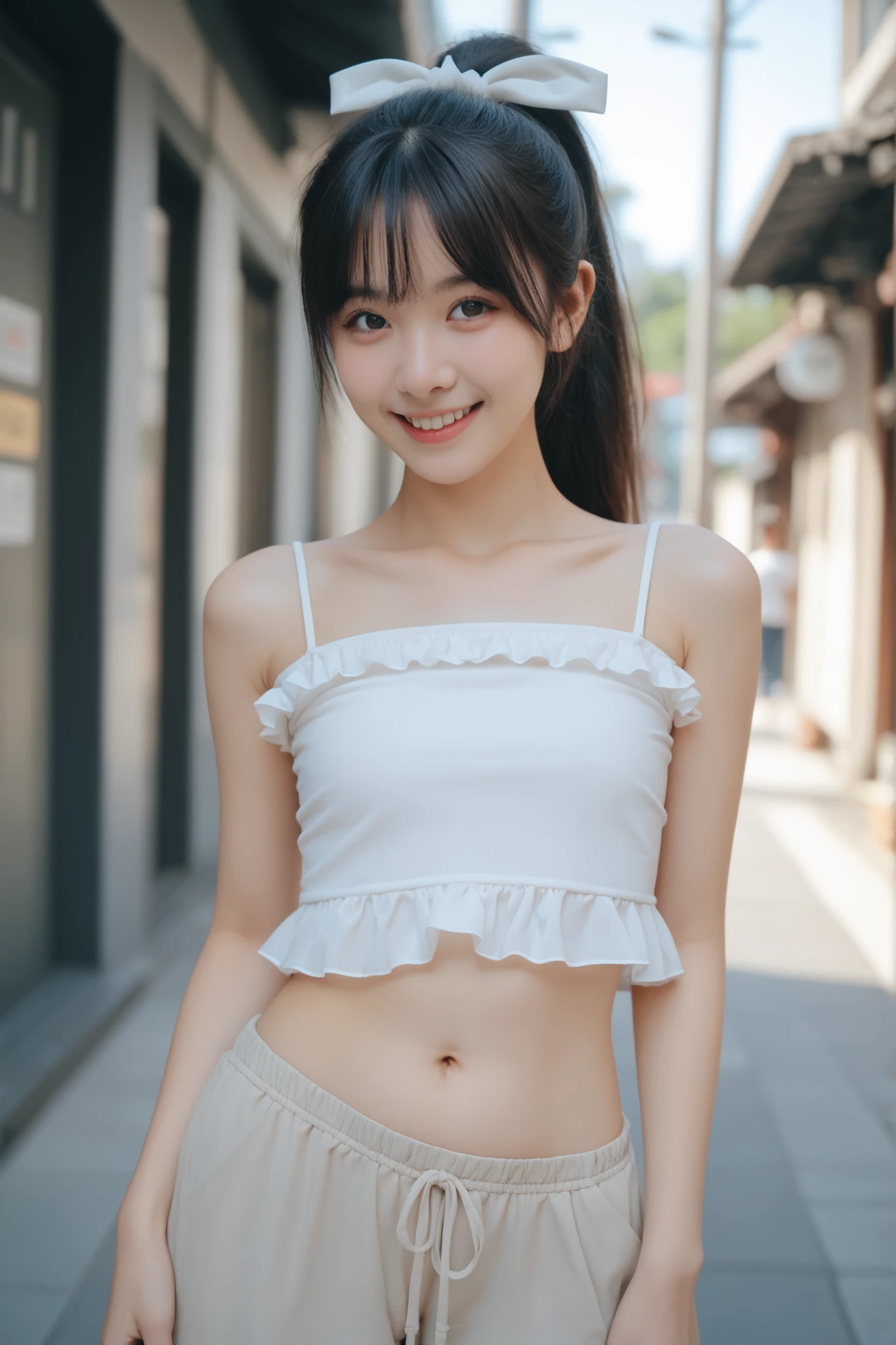 Photo quality,Masterpiece,Realistic,(14 year old cute Japanese girl:1.9),(Detailed young face:1.9),(Very embarrassed look:1.9),(Thin legs:1.9),((Wear cute, trendy clothes:1.9)),(Random perspective shots:1.9),(Inner thigh visible:1.9),((Droopy eyes:1.9)),((Body type of a 14 year old girl,Small Tits:1.9)),(Cute trendy hairstyle:1.9),((Skinny Legs)),Very pale skin,Show your forehead,Detailed body,Detailed hands,No makeup