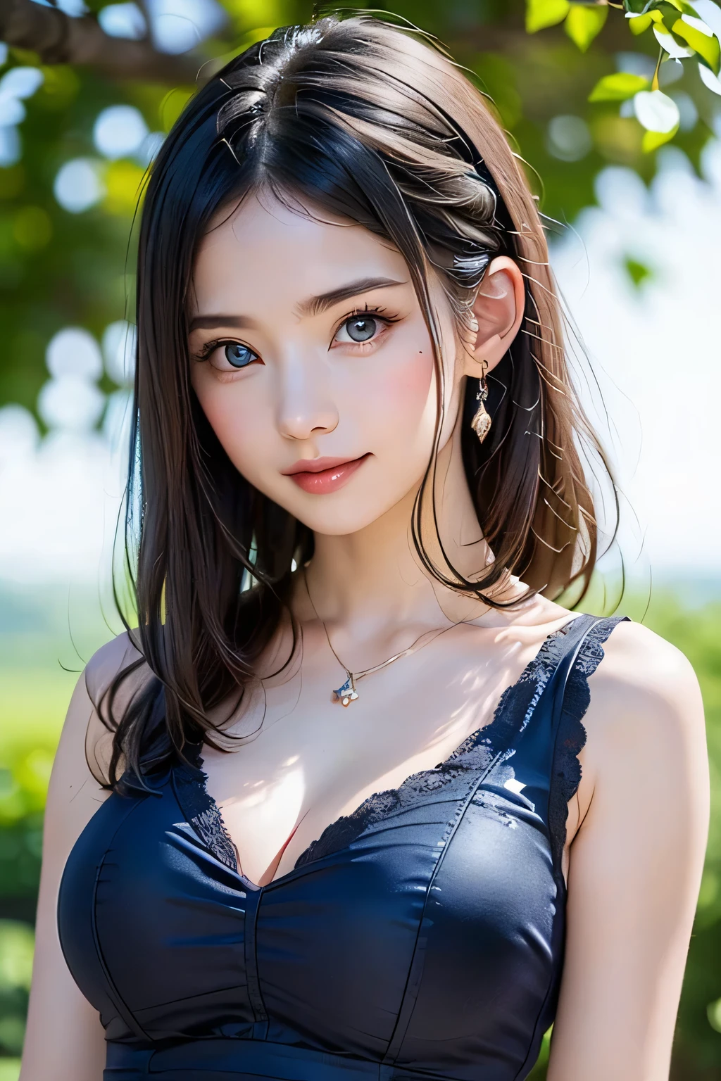 ((nsfw、top quality、best quality、just one beautiful and cute woman、 A beautiful woman with a very cute golden ratio who boasts overwhelming beauty、The beauty of symmetry、realistically depicts everything in high resolution high definition、God of rich nature、Beautiful and cute face、 Eyes drawn in high resolution 、lashes drawn in high definition、Beautiful and cute symmetrical faces, A long, beautiful neck、bangs:1.6、Beautiful Décolleté、gloss、Perfect Anatomy、cute smile、Teen))、({gigantic|big|huge|mega} breasts, cleavage)、ideal ratio、Golden Ratio drawn in high resolution、perfect anatomy、 Transparency、sparkling、Off Shoulder、((beautiful teeth、expressive、Love projected on camera、I'm a little shy、bangs, beautiful landscape with only rich nature and bright green in the background、moist blue background of water、beautiful blue sky))