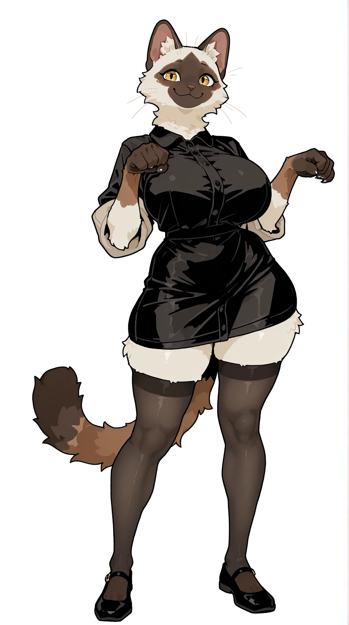 Slim female cat with nice big thighs and big breasts and black fur and cute green eyes and wearing a full body mini bikini.