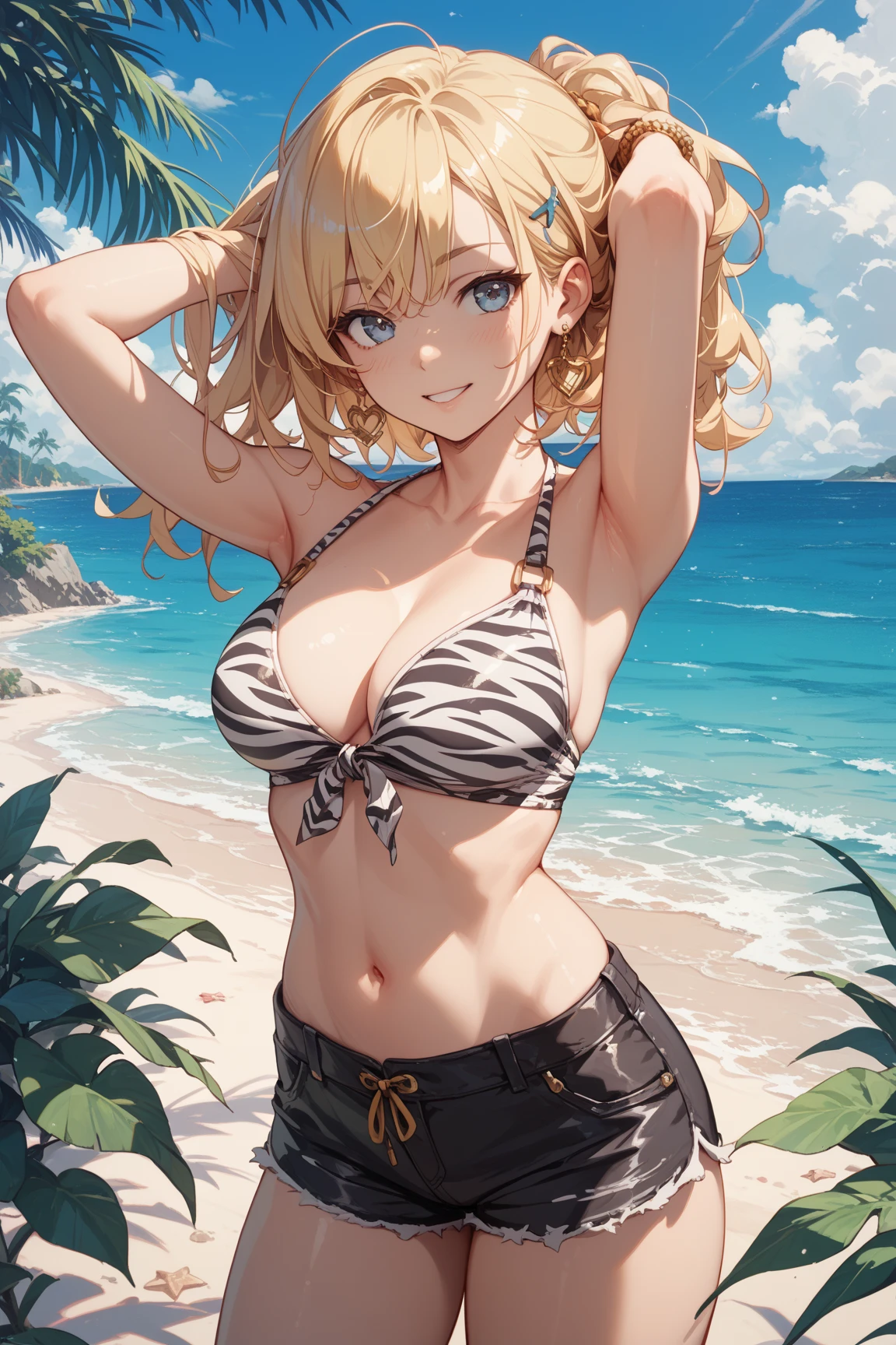 (highest quality, High resolution, perfect pixel, Depth of bounds written, 4K), (from front), beach, detailed eyes, (1 lady), tall, (skinny body:1.2) , (thin thighs:1.2), (Narrow hips), large breasts, blond hair, (ponytail:1.2), yellow, (denim short pants bikini:1.2), (cross halter bikini), (rio cut pants), (panty strap:1.2), (standing), left Hand on Hip, (light smile), blush, sweat,