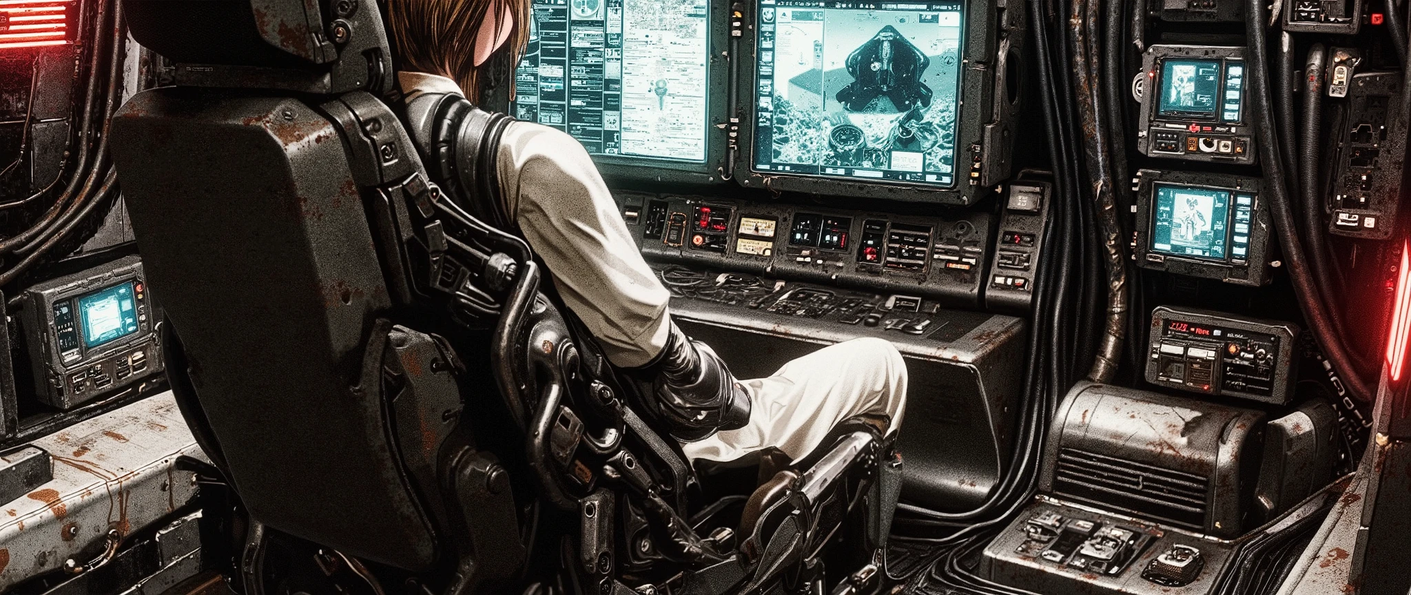 A high-quality masterpiece, stylized as a 90s anime with cel shading and no gradients. The interior of a small, rustic spaceship cockpit from a dystopian cyberpunk future (circa 2070). The cabin is cramped, with exposed wires, matte black panels, and old steampunk-style monitors with physical buttons and flashing lights. A large pilot's chair, raised off the floor by a hydraulic mechanism, is visible from behind. The woman has medium-length brown hair and skin-colored bionic arms.
The focal point is a large, horizontally wide, rectangular front windshield, shaped like a flattened rectangle, and curved. The chair is large and tilted backward, similar to the canopy of an F-22 fighter jet. It extends the entire width of the cockpit, allowing a partial view of deep space ahead. The cabin is illuminated by dim red and blue lights, adding an atmosphere of cosmic horror and dark fantasy. Design influences: Ghost in the Shell, Xenocyber aesthetic, rusty and grimy interiors like those in Guardians of the Galaxy. High level of detail. Cinematic scene stylized as if it were a frame from a 90s anime, solid colors, three-tone cel shading. High resolution (32k visuals).