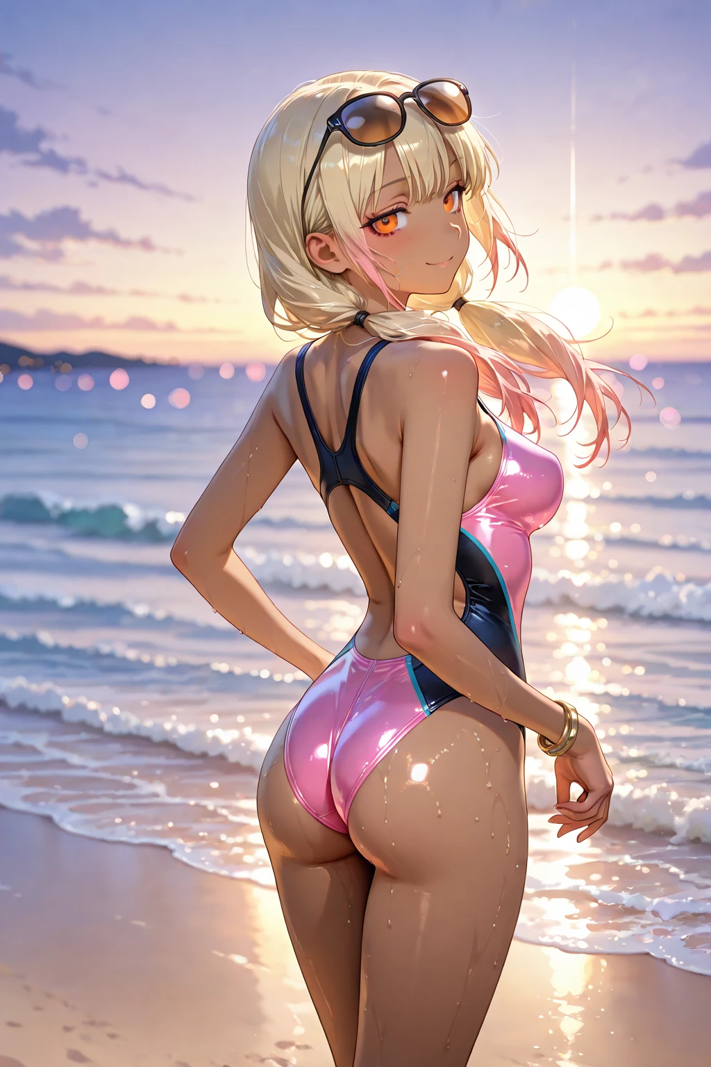 masutepiece, Ultra Detail, Hyper-Resolution, Highest Quality, 1 female (( ((Solo:2)), mideum breasts, Thin thighs, High resolution, long brown hair, Ponytail, highly detailed dark blue eyes, ((Highly detailed pink O high leg swimsuit)), Highly detailed facial and skin texture, face perfect, perfect bodies, No extra fingers, No extra arms, No extra legs, (Full body portrait), Teased face, blush, very, very sweaty, wet pussy, Spread legs, Seashell earrings, arms behind back, Kneeling)), Background((at seaside, Summer Midnight, night sky full of stars, big fire flower)), 8K Wallpaper.