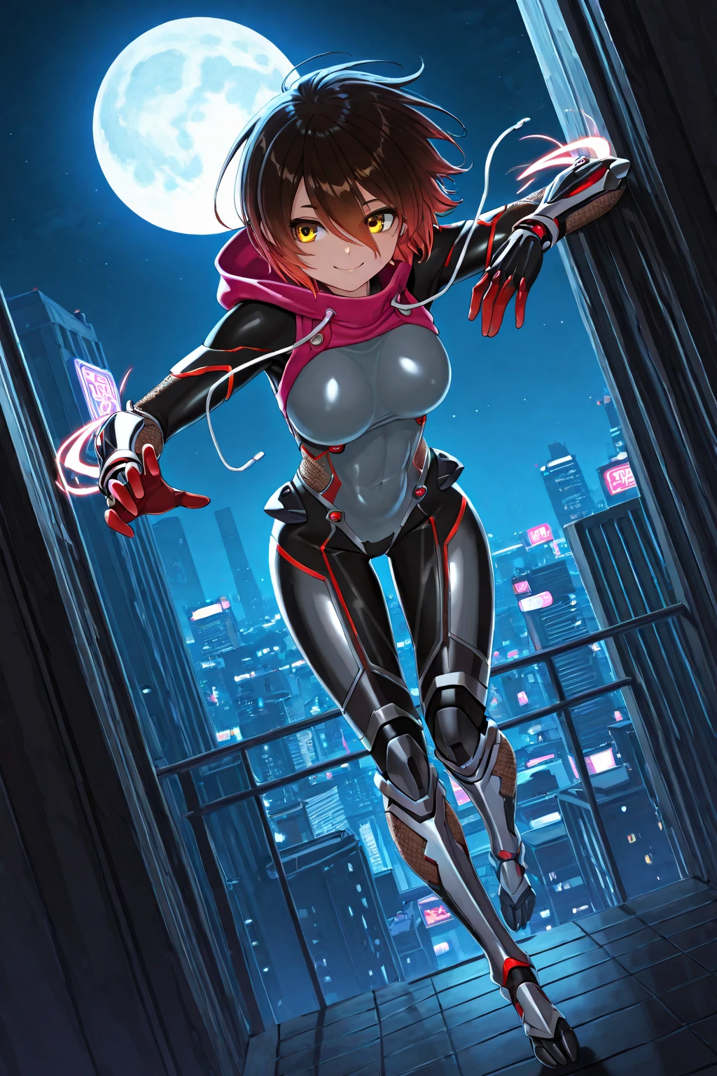 One, superhero, beautiful girl, girl in light red suit, suit with opened thighs, red sneakers, shy, insecure girl, purple eyes, short purple hair, hood, bird costume, Bodysuit, gadgets, young, facial, facing the camera, city background, city lights, weak, beautiful pose, cutie, shorts, transparent mask, mask that hides the mouth and nose