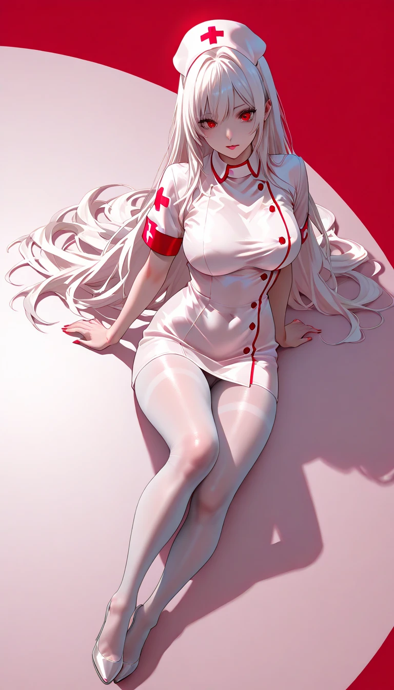 (full_body)、Woman、red_background、(big_breasts:1.5)、white_nurse