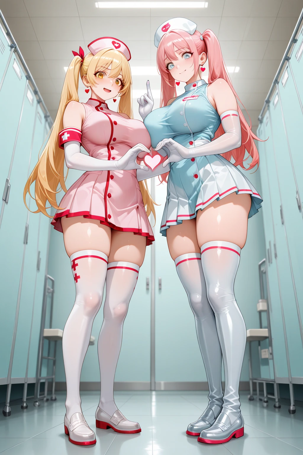 ((2 girls))、(smile:1.5)、Small breasts、（Cowboy Shot）、(fun!!)、(cardigan)、(blonde)、(blush:1.4)、(Wearing white nurse clothes:1.2)、(Single Blade)、(Eye highlights:1.3)、, Rest indoors, ((Hospital room:1.5))、 BREAK while watching the audience、(Grab the skirt:1.0)、 (Perfect hands, Perfect ???????),Cowboy Shot、(Skirt flip:1.3),(Highly detailed panties:1.3)、(Highly detailed white panties:1.3)、、(スカート that rolls up:1.3)、(Full-fledged panties:1.5)、Bright Blue Eyes、(White nurse uniform:1.5)
、(White nurse cap:1.5)、(White costume:1.8)、(White Uniform:1.8)、