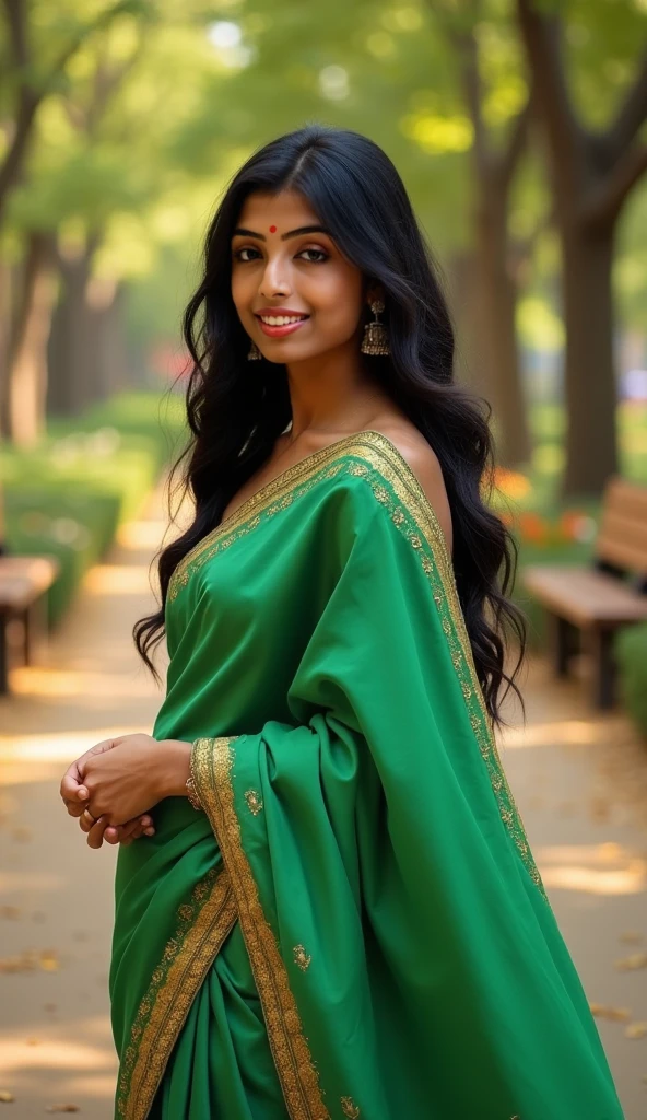 Realistic full body photo of smiling Indian woman with long hair, She dances in front of the camera in a long A-line dress with straps made of shiny green satin, Park,glamour fotoshooting, Wedding celebration, perfect anatomy, Perfect brown eyes. Perfect hands with 5 fingers on each hand, Matching girl, looking at the camera, 1 Frau. (Eye make up:1.1), (highly detailed skin:1.1), spirit, analog style, keen focus, 8K  UHD, dslr, good quality, Fujifilm XT3, Grain, Award-winning, ​masterpiece. Wedding celebration. She sits on a bench and shows her long dress. Beautiful shoes