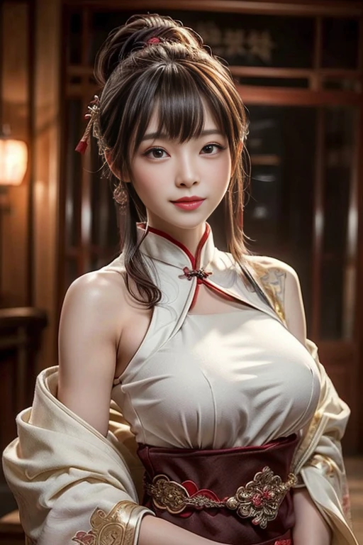 ((best image quality, 8k, masterpiece:1.3)), 1 girl，red theme, Beautiful woman with slender abs:1.3, (casual hairstyles, huge tit:1.2), exposing big cleavage, Extra-fine face, detailed eye, double eyelid，smile，long hair