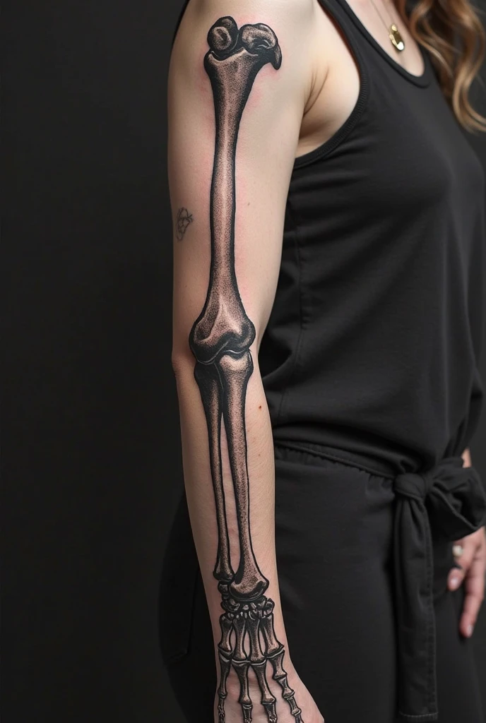 Please create a picture of a tattoo. The tattoo is supposed to be an arm made of bones, also ein Arm eines Skeleton, Depict the skeleton of an arm. The tattoo should be placed on the back of a woman, the arm should run along the middle of the spine and the hand should hug the neck