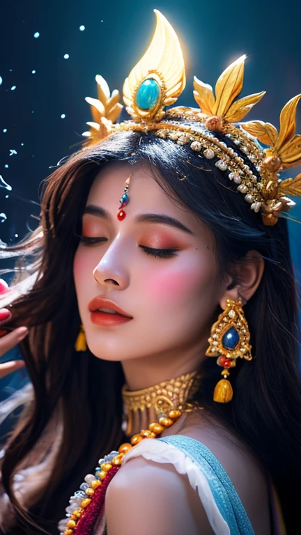 (Masterpiece, Highest quality, best quality, official art, indian girl, beautiful and beautiful:1.2), (1 woman:1.3), smile, very detailed,(fractal art:1.1),(Rich and colorful:1.1)(flower:1.3),The most detailed,(tangled:1.2), (abstract background:1.3), (Shiny skin), (many colors:1.4), ,(earring), (feather:1.5),