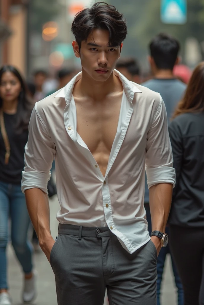 Korean gentleman,super big breasts ,clean shave,wearing shirt, open chest shirt, showing off body, toned abs and full chest,pants are down,show off panty waistband,in crowded,groped,breast squeezed,molested,Handsome ,wear glasses, sexy ,touched and raped by middle-aged men, Masculine and handsome,trend in r/Street clothes,saggy pants, Photograph by Calvin Kleiny,,musculous,Muscles look good,,, Full body photo,(ultra-detailed, photorealistic, best quality, 4k, 8k, highres, masterpiece:1.3),charming and distinguished , (muscular build body), ,sweat,, lewd face ,tight chest, sex,, erotic, horny, , Accessories include a luxury wristwatch,muscle veins,six pack,hyper-realistic,